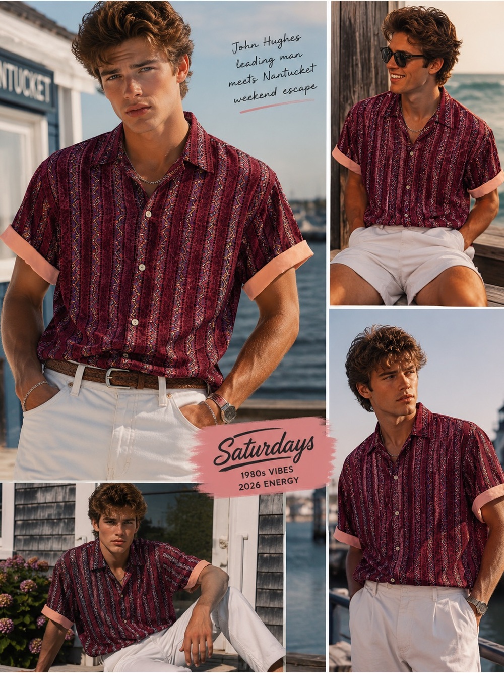 VTG 80s Saturdays Pink Graphic New Wave Preppy Cotton Shirt Large
